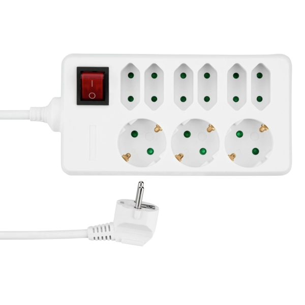 Steckdosenleiste mit Schalter, 3+6-fach, 1,4m